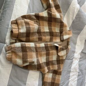 Cozy Plaid Sherpa Sweater - Brown and Cream